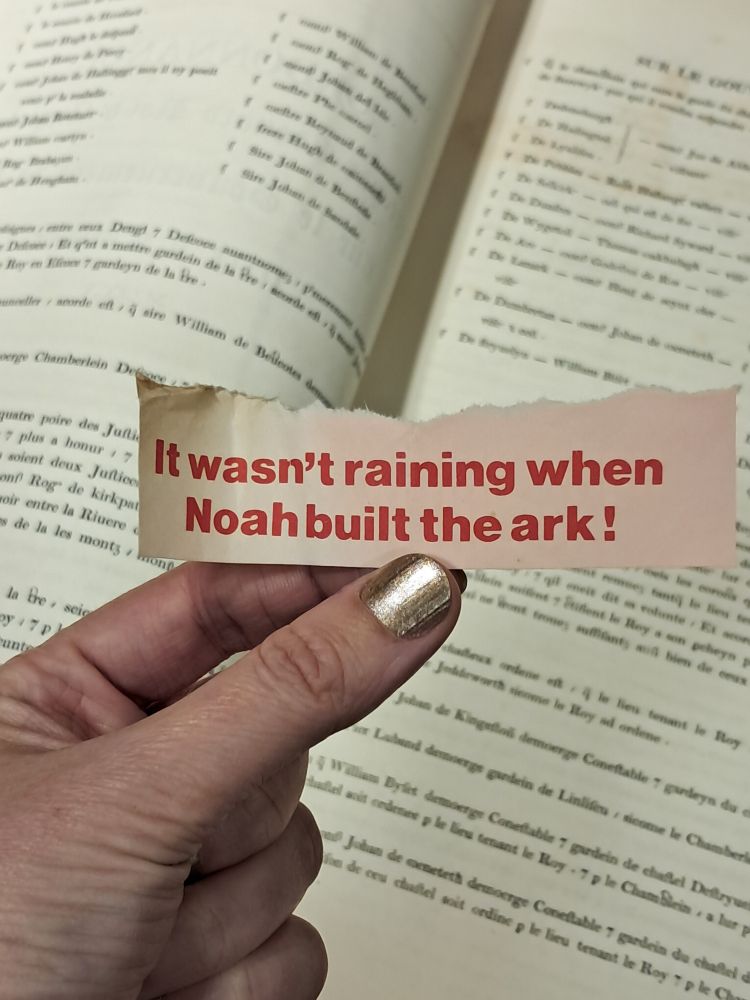 Slip of paper being used as a bookmark in a 200 year old book. It says "It wasn't raining when Noah built the ark!" 