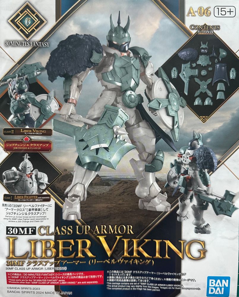 From display image from the Bandai 30 Minutes Fantasy Liber Viking upgrade pic. It shows the Figther model with a bunch of green and blue “Viking” armor pieces including a fuzzy plastic pauldron and a big hammer-axe