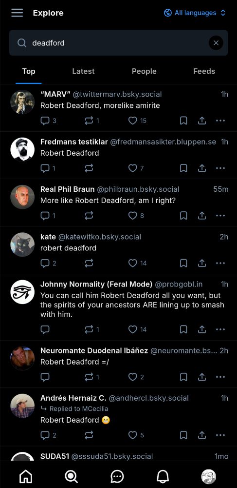 A search for Deadford on Bluesky showing a bunch of people making the same shit joke I hoped to make.
