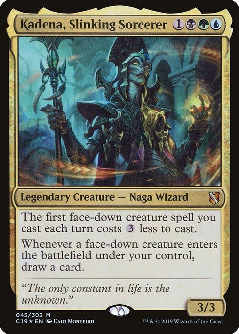 Image of Kadena, Slinking Sorcerer. 1BGU 3/3 Naga Wizard with 'The first face-down creature spell you cast each turn costs 3 less to cast.' And 'Whenever a face-down creature enters under your control, draw a card.'