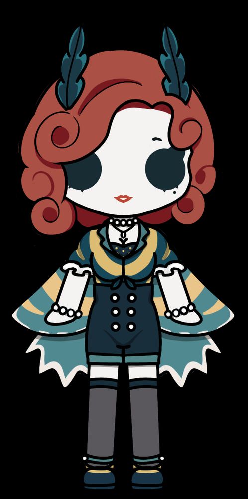 A chibi of Catch in their 50s moth outfit with thick black lines