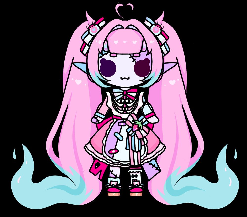 A chibi of Scoops in their magical ghost outfit with thick black lines