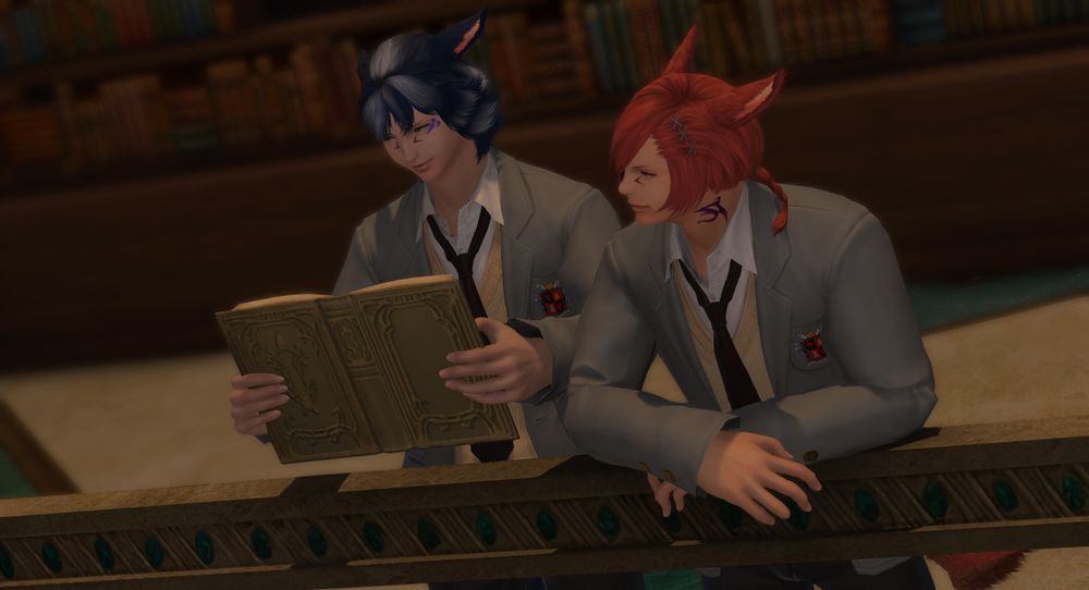 G'raha: "So, come here often to hit the books?" <w<
Axi'a: <///< "Maybeeee?  You seem to come here often to hit on me."
G'raha: "Maybeeee." <///w///<