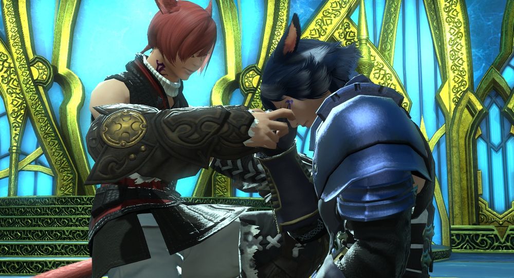 [G'raha is quick to get closer to Axi'a and help wipe his tears, but he couldn't help but chuckle.  Axi'a clearly looked embarrassed, but G'raha spoke up.]
"No no, I promise I am not laughing at you.  I am simply happy... to see this side of you.  I would have never seen you like this had things been different."