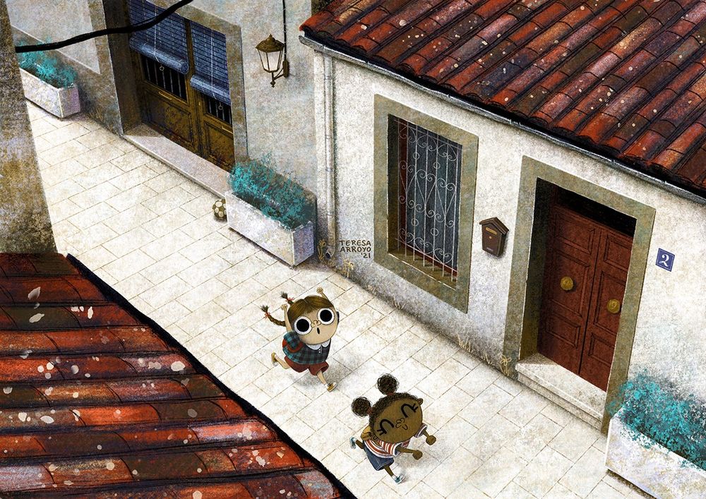 Drawing of two girls running down the street.