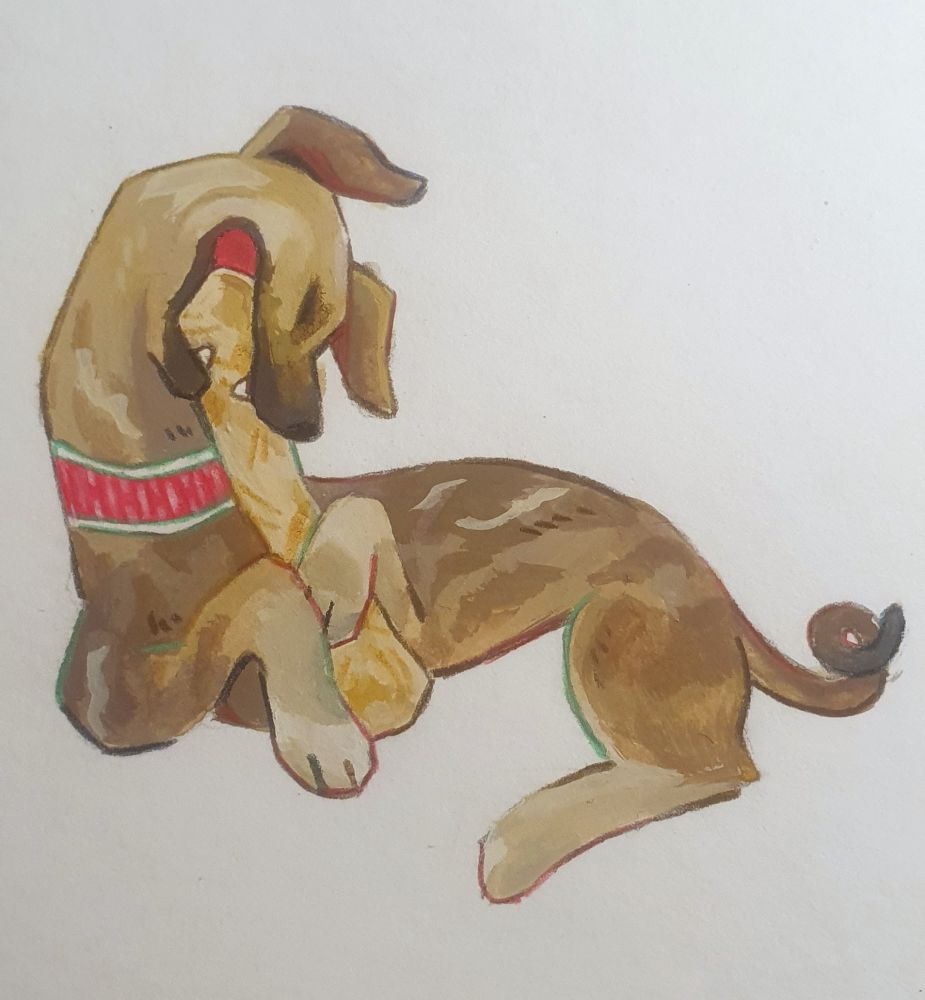 Cartoonigh slough biting a bone. It's holding the bones with his front paw and the painting has hint of green and pink