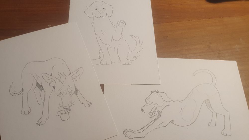3 paper with a pencil drawing  of a dog each. Left on is an orchid Peruvian dog licking a yogourt on the floor. Middle one is an English setter sitting and raising a paw almost like waving at us, right one is an English pointer stretching and yawning
