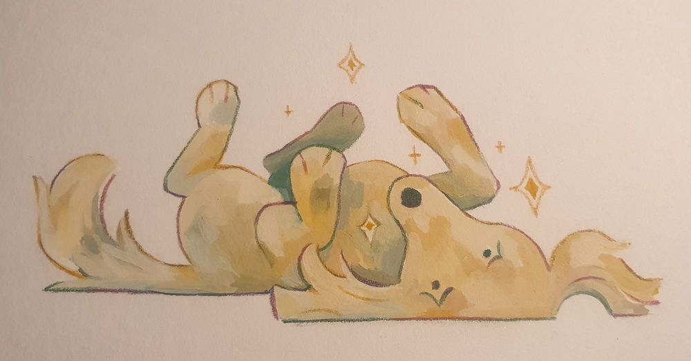 Saluki lying on its back staring at you for belly rubs. The fur is painted is white/beige with hint of green for shadows