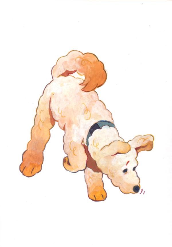 cartoonish gouache of a fluffy dog sniffing the floor, it's a cute beige pumi