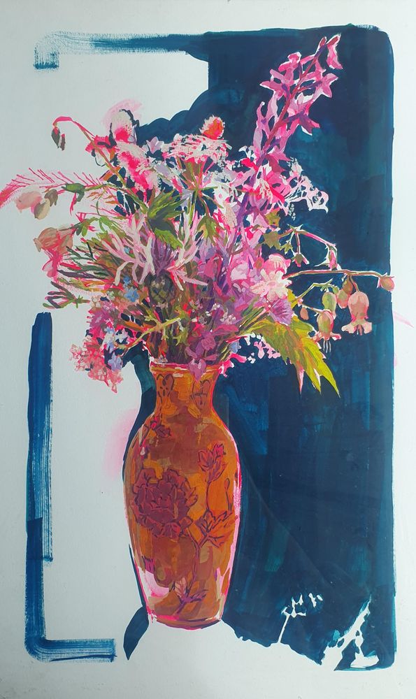 Gouache of a flower bouquet of wild mountain flowers. Colors are a bit unreal with a strong pinkish base. Everything is a bit messy but precise enough to understand the flowers