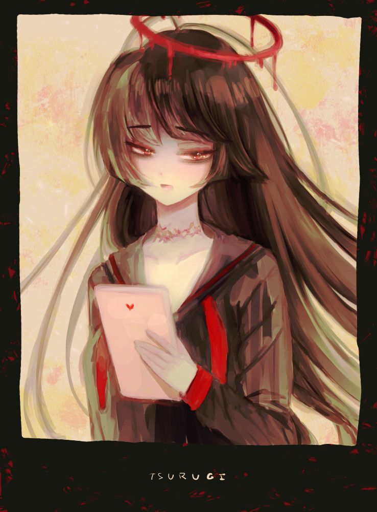 tsurugi blue archive wearing her seifuku and holding a pink book