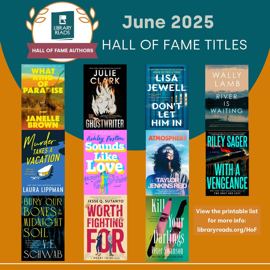 book cover images for June 2025 LibraryReads Hall of Fame titles