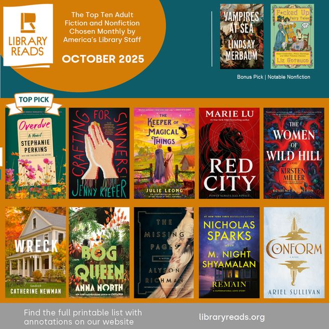 Collage of cover images of the LibraryReads Top 10 Picks for October 2025