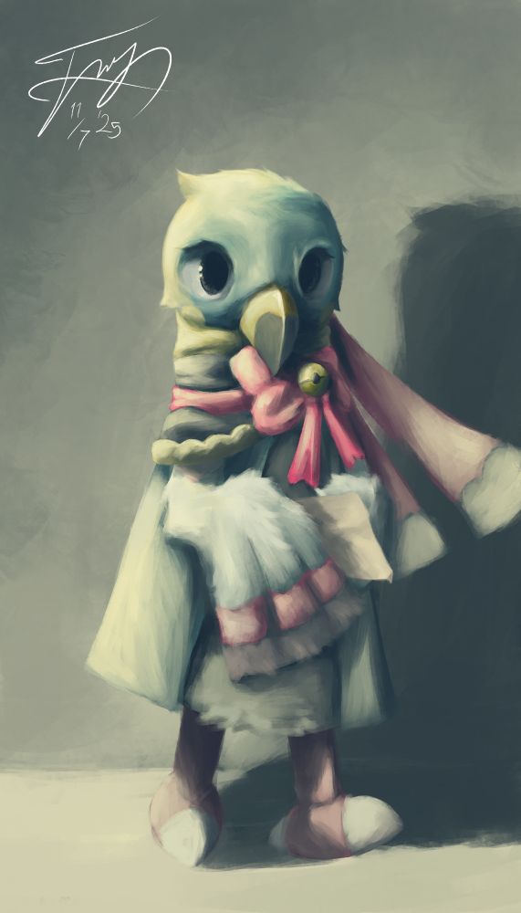 A digital drawing of a Xatu, brightly lit from the side, while holding a piece of paper between her wings.