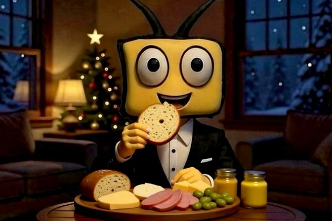 Das Bild zeigt einen freundlichen, gelben Roboter mit einem quadratischen Kopf, großen runden Augen und zwei schwarzen Antennen. Er trägt einen eleganten schwarzen Smoking mit weißem Hemd und sitzt in einem gemütlichen, weihnachtlich dekorierten Wohnzimmer. Im Hintergrund leuchtet ein geschmückter Weihnachtsbaum mit warmen Lichtern und einem goldenen Stern an der Spitze, während draußen vor den großen Fenstern Schnee fällt und eine winterliche Stimmung erzeugt.
Der Roboter feiert gerade ein klassisches deutsches Abendbrot. Vor ihm steht ein rustikales Holzbrett, reichlich beladen mit frischem Brot (darunter ein angebissenes Rundstück), Butter, verschiedenen Käsesorten, Aufschnitt, grünen Oliven und zwei Gläsern Senf. Mit seiner gelben Hand hält er genüsslich ein Stück Brot vor den breiten, lachenden Mund und scheint es gerade zu essen. Die Szene strahlt Wärme, Gemütlichkeit und vorfreudige Weihnachtsstimmung aus – ein Roboter, der sich wie ein echter Mensch am kalten Winterabend am Abendbrot erfreut!