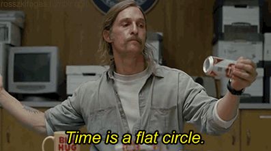 Man with a mustache squashing an aluminum can to make it flat with caption "time is a flat circle"
