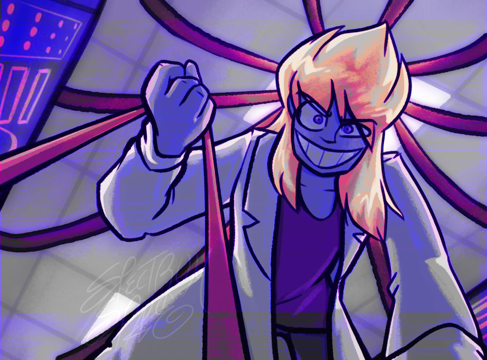 A drawing set in a server room-like area of Porfirio (a lanky, angular blond man) wearing a white coat and leaning over something with a strained, angry grin as he pulls out a cable. It has been edited so that there are blocks of inconsistent saturation and lots of linear artifacts to make it feel glitchy.