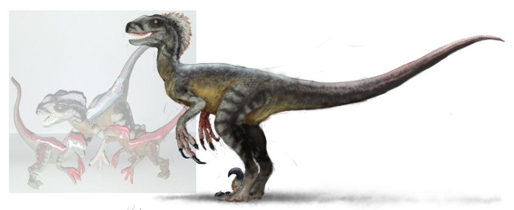 A drawing of a Jurassic Park Velociraptor with characteristics of the Hasbro toy from the Jurassic Park 3 toyline