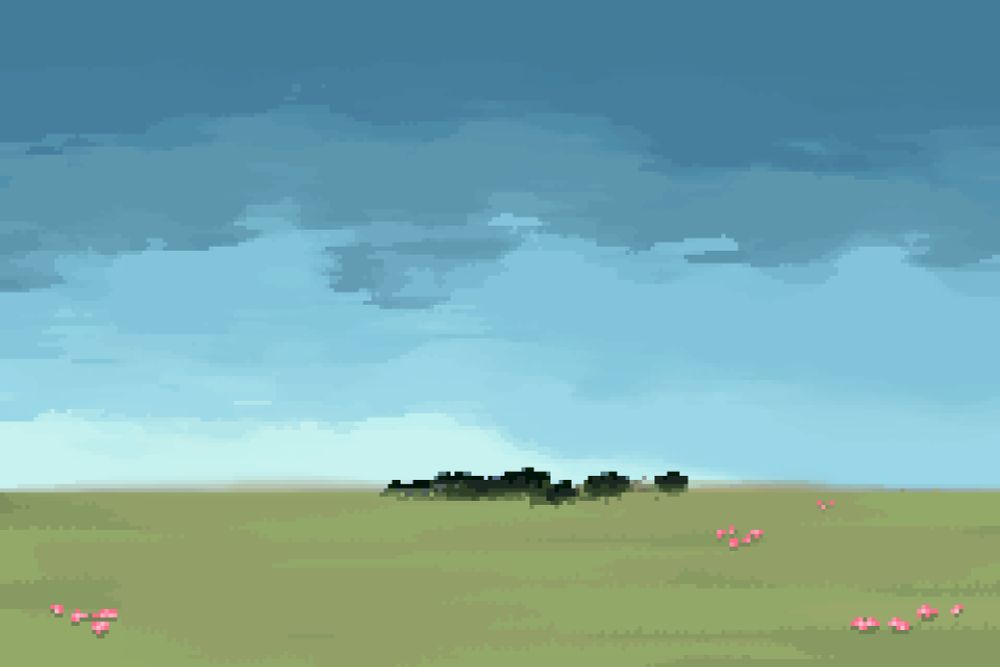 Simple pixel art landscape of a green field, clear blue sky and some trees on the horizon