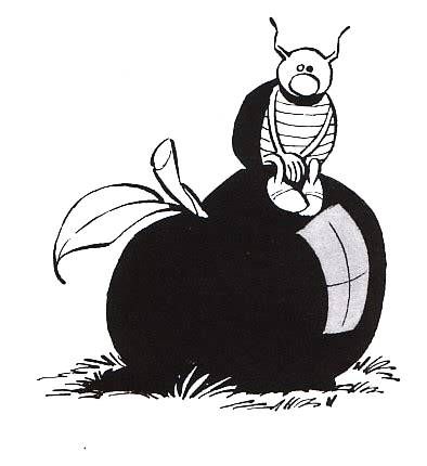 Dessin à l'encre noire d'une coccinelle sur une pomme noire par le dessinateur Gotlib