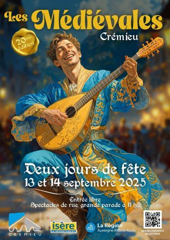 Affiche du festival "Médiévales de Cremieu" (Isère).
"2 jours de fête 13 et 14 septembre 2025"
Dans les tons jaune et bleu, un beau jeune homme blond très souriant,  troubadour, un grand instrument à cordes dans ses mains en train de danser et jouer.
Manteau bleu long et festons de jaune, grandes bottes de cuir. 