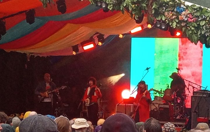 A terrible photo of This Is The Kit, on stage at the Moseley Folk festival.