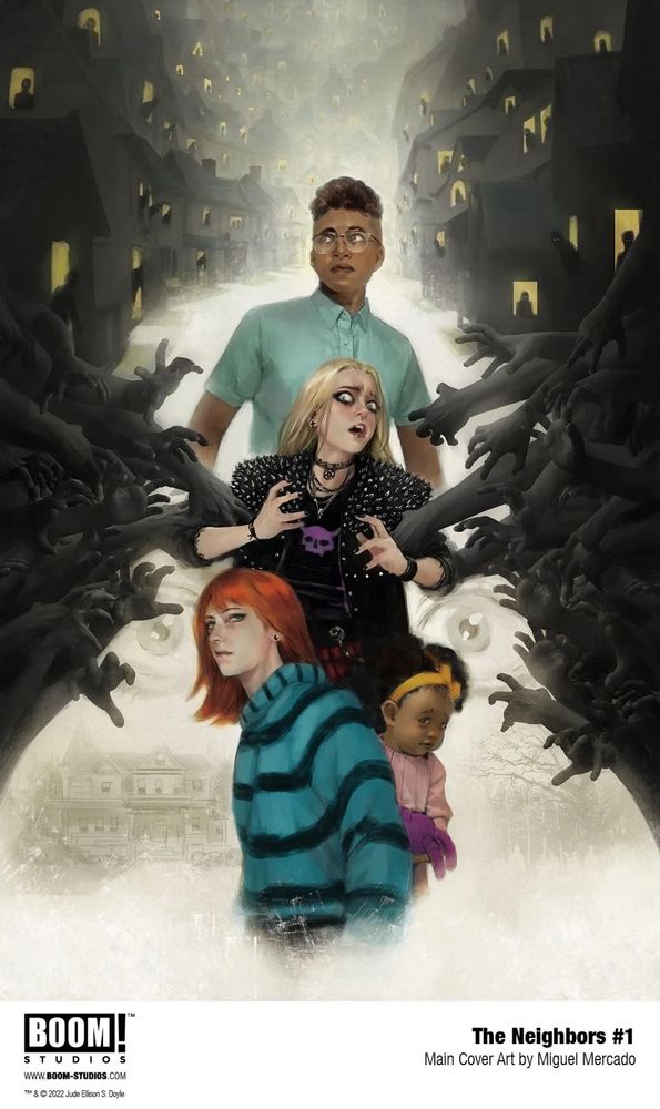 The first issue of The Neighbors by Jude Doyle featuring the cast being reached fort by scary hands.