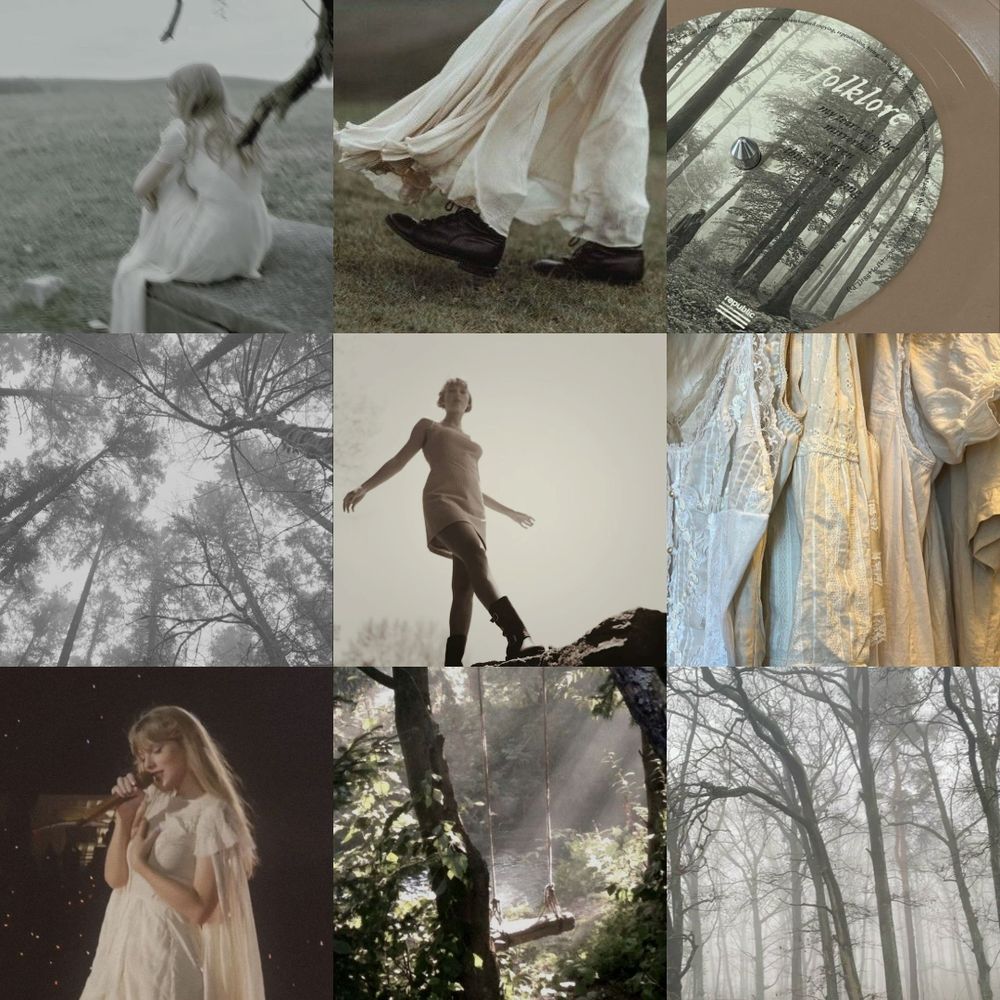 a photo collage in the aesthetic of the album folklore bvy taylor swift
there's women wearing dresses, the folklore vinyl, taylor walking on tree branches, taylor on stage at the eras tour wearing the cream folklore dress, trees in black and white