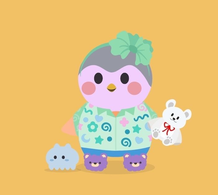 A screenshot of my bird from  the app called finch.
The bird is wearing a green flower headband, green shirt with hearts flowers, stars on it.
A blue pants
Purple bear shoes
And he is carrying a white bead plushie
The background is yellow.