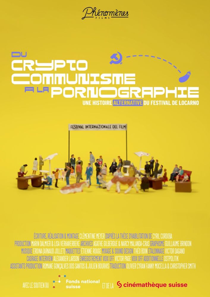 L'affiche du film avec les crédits 
Titre blanc sur fond jaune
Personnages miniatures (type maquettes) pour figurer les protagonistes