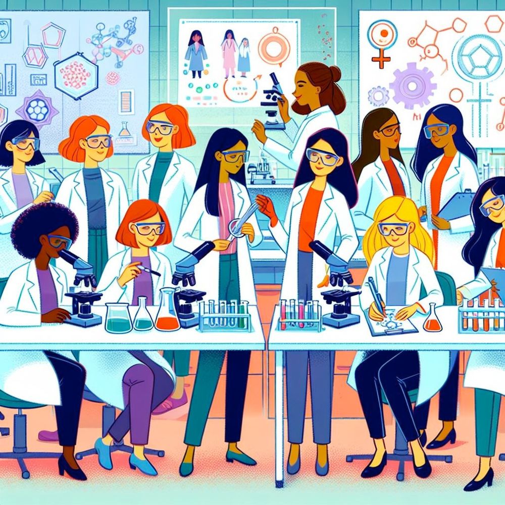 Cartoon showing several women in lab coats in a research lab setting