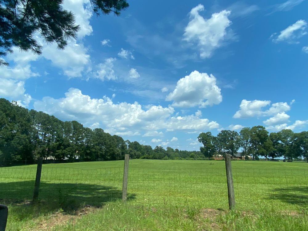 A landscape photograph of a fence in front of a green field surrounded by trees. The sky is filled with various white clouds 
