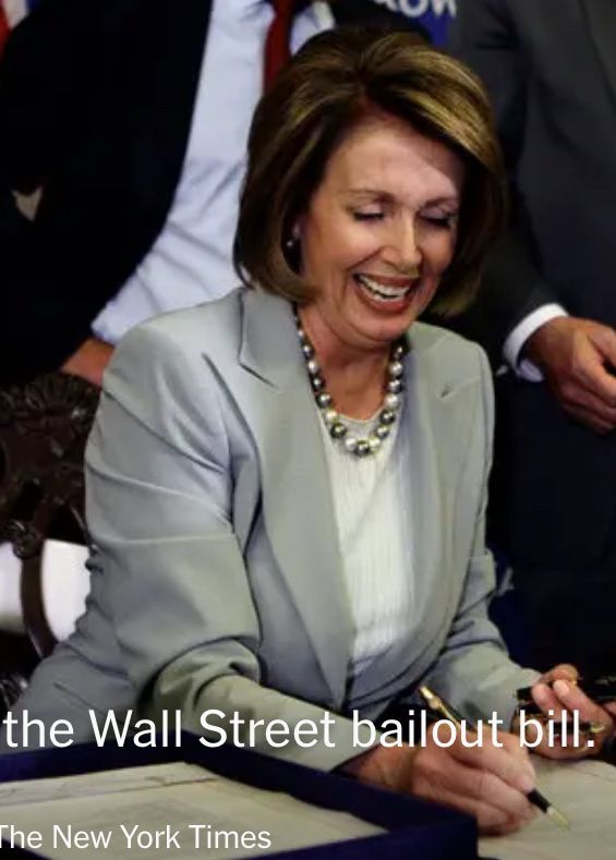 nyt archival photo of delighted-looking nancy pelosi, in 2008, signing the wall st bailout bill