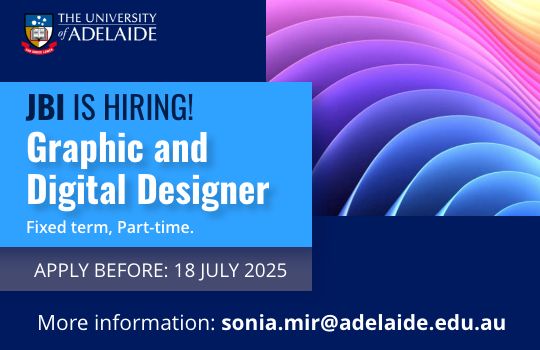 JBI is hiring!
Graphic and Digital Designer. Fixed term, part-time. Apply before 18 July 2025. More information: sonia.mir@adelaide.edu.au