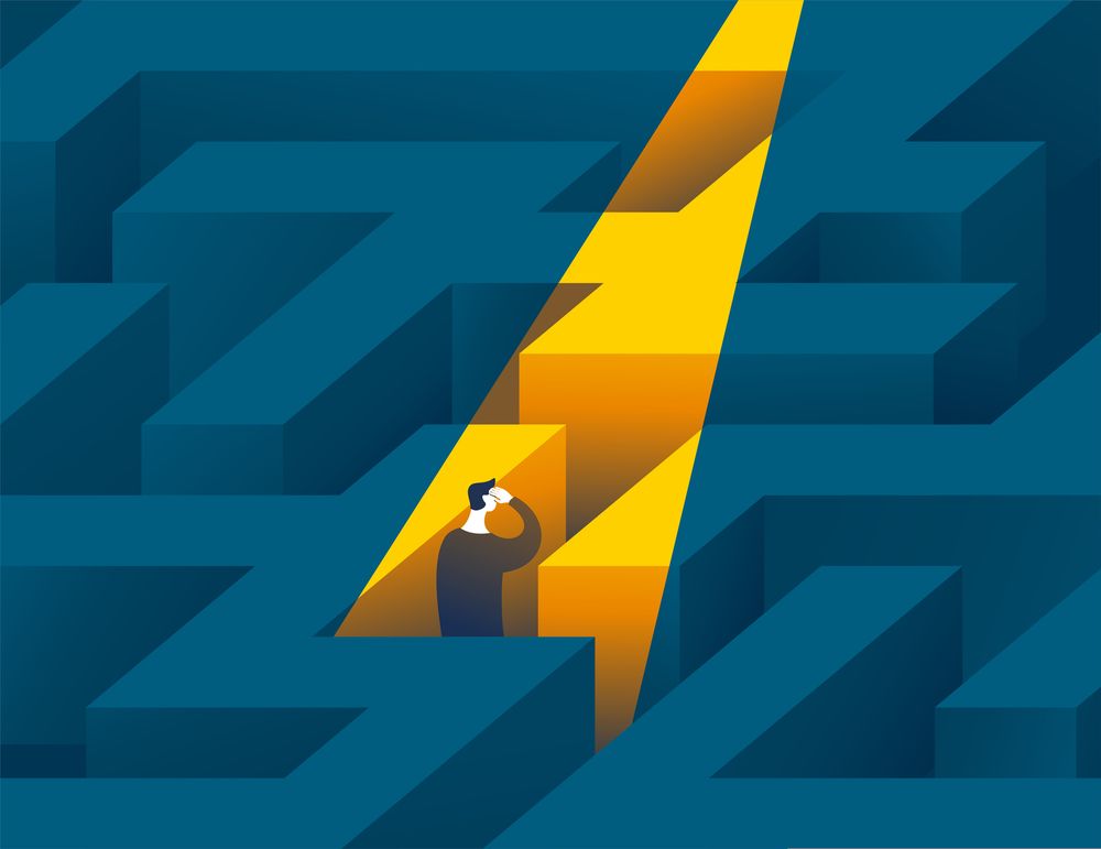An animated graphic of a man standing in a maze and trying to look for directions