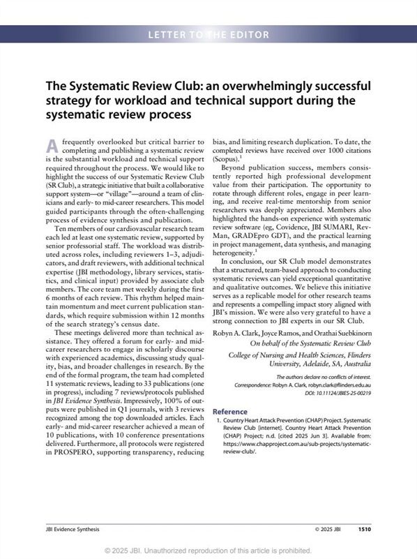 One-page published article as displaying in the journal, JBI Evidence Synthesis. Title: The Systematic Review Club: an overwhelmingly successful strategy for workload and technical support during the systematic review process.