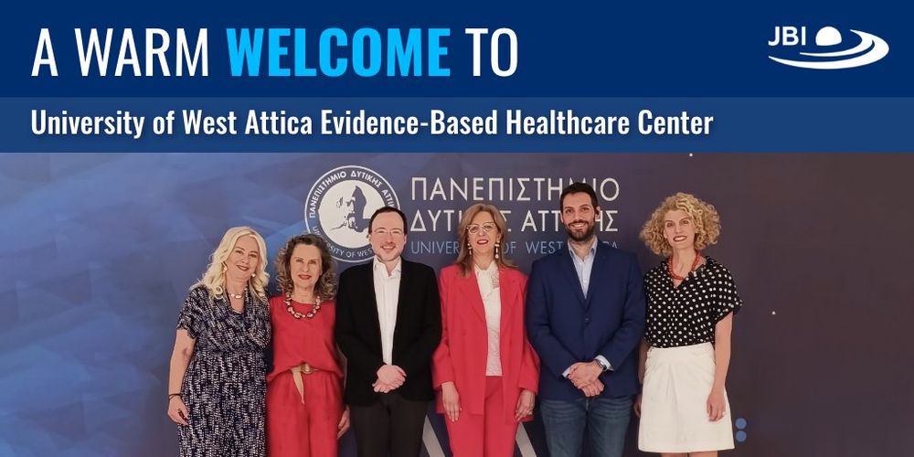 The team of 6 members of the University of West Attica Evidence-Based Healthcare Center are shown below a banner which says, 'A warm welcome'
