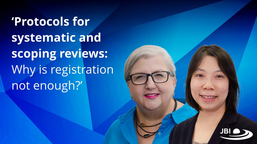 Text left aligned: 'Protocols for systematic and scoping reviews: Why is registration not enough?'
Background with blue geometric diamonds. Profile image of Sonia Hines. Profile image of Hien Ho. JBI logo.