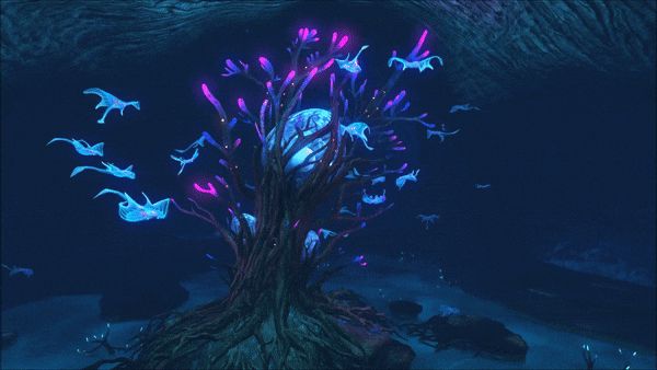 A GIF of an area from Subnautica, The Tree Cove. It is focusing on the Giant Cove Tree that is found in the the cavern within the Lost River biome.

“The Tree Cove is a large cavern within the Lost River. The brine river forms a large lake here, with the luminous Giant Cove Tree in its center. However, the color of the brine is a bright blue, rather than the corrosive green of the other sections of the Lost River.” 

“The Giant Cove Tree consists of a trunk that is made from multiple, intertwined branches, brown in color that splits off into many smaller, bioluminescent fuchsia tipped branches. Most of these branches surround a Ghost Leviathan egg, along with two similar, yet smaller eggs found lower down on the Giant Cove Tree.

The lower portion of the Giant Cove Tree consists of many massive roots, dropping down into the surrounding brine pool.

The Ghost Leviathan eggs consists of a transparent, blue tinged membrane and a glowing blue embryo within.“
(— Subnautica Wiki) 

The GIF also features multiple Jellyrays peacefully swimming around the Giant Cove Tree.