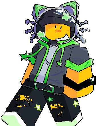 A full-body, rendered drawing of a ROBLOX avatar. 

They are the common ROBLOX skin color, yellow, and are seen wearing a green hoodie, white sweatshirt, belt and ripped jeans. On their head is a grey beanie, and most notably; a green astronaut helmet that has metal cat ears and whiskers on it.

Stars are implemented throughout the design, through the hoodie aglets being star-shaped, and star stickers on the jeans and helmet.

The pose shown is the character moving their left leg forward, with both arms to the side of their torso. The expression reads a slight grin.