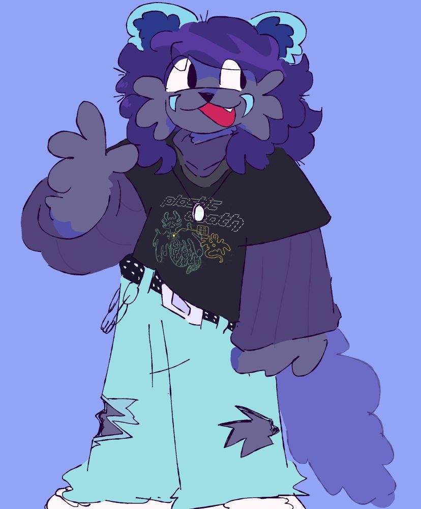 A fullbody drawing of aninight’s fursona, Asti. They appear with purple puffy fur, a similar tail, short dark purple hair, and cyan koala-like ears. 

Asti’s face is wearing a happy expression, and they appear with some blue arrow markings right underneath their eyes.

Their clothing consists of a black Plastic Death, Glass Beach shirt, accompanied with a light purple undersweater.

Asti’s pants are blue ripped jeans, being supported by a black studded belt, and a simple chain on the left. They are shown wearing some white sneakers.

Their left hand is raised up, similar to a wave.