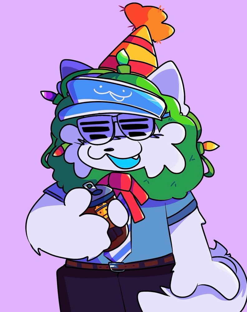 A fully rendered drawing of user @rufflekatze’s ROBLOX avatar, which was made as a gift for his birthday in 2023.

They are a white cat, with a tail, ears and fur tuffs to prove it. The avatar is shown wearing a blue business suit and a blue and white tie, with a brown belt and some black pants. On their face is some white shutter shades, covering their eyes. Accompanying that, is a blue visor that has replaced the usual “ROBLOX” text on it, with a cat face. Finally, there is an orange and red birthday hat, with christmas lights and wreath surrounding their head.

The avatar is seen holding a Bloxy Cola in their hand, and is doing a cat-like smile.