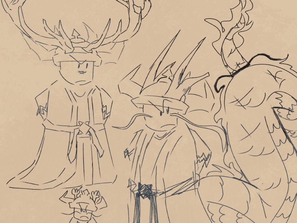 A set of uncolored doodles of Cooldown from the ROBLOX game, Limbobbia. He is seen with additions to his canonical design, such as different antlers in each doodle, and the main doodle featuring a significantly large dragon tail, accompanied by dragon whiskers.

The doodle page is mostly inspired by old Chinese art, specifically the way dragons were depicted in said art/folklore. The dragon tail, whiskers and antlers are inspired by Chinese Dragons.