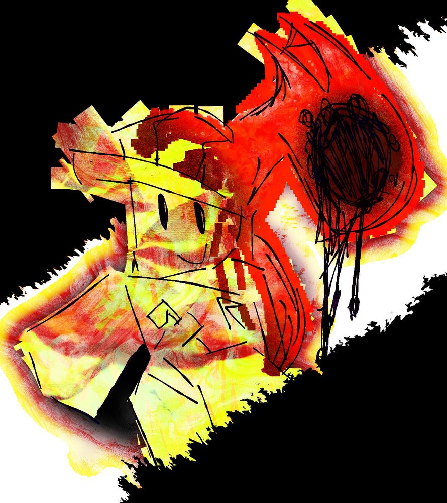 A sketch of the rendition of Builderman from the ROBLOX game, Block Tales. He is accompanied by Block Tales’ original character, “Hatred” which appears as a fully red horned creature. They are seen somewhat possessing Builderman in this drawing. Builderman is drawn as uncanny, and “not quite right” due to this. 