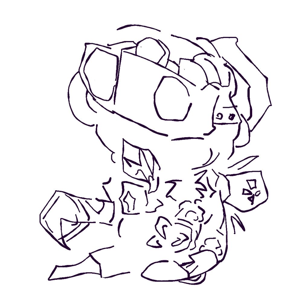 A “chibi” styled doodle of the character “HUX-A7-13” (The Singularity) from Dead by Daylight. He is pictured in a silly way, sitting down with his arms out, similar to a baby, or a puppy. 