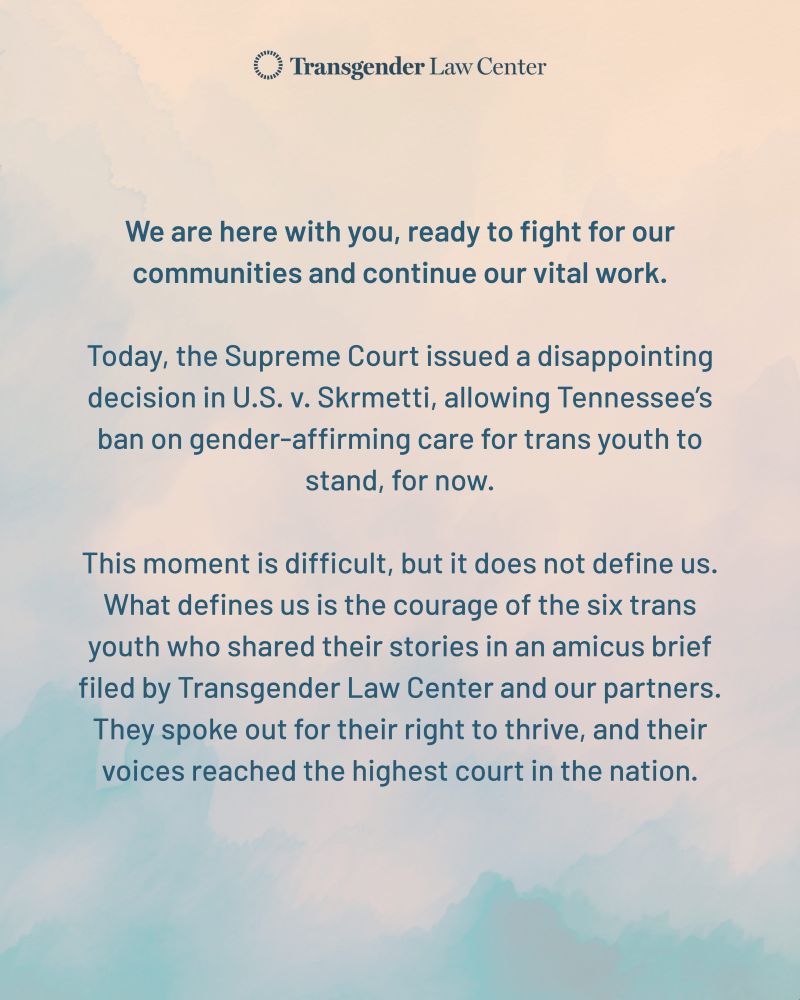 In the cloudy muted pink and blue background is more blue text that reads, "We are here with you, ready to fight for our communities and continue our vital work. Today, the Supreme Court issued a disappointing decision in U.S. v. Skrmetti, allowing Tennessee's ban on gender-affirming care for trans youth to stand for now. This moment is difficult, but it does not define us. What defines us is the courage of the six trans youth who share their stories in an amicus brief filed by Transgender Law Center and our partners. They spoke out for their right to thrive, and their voices reached the highest court in the nation."