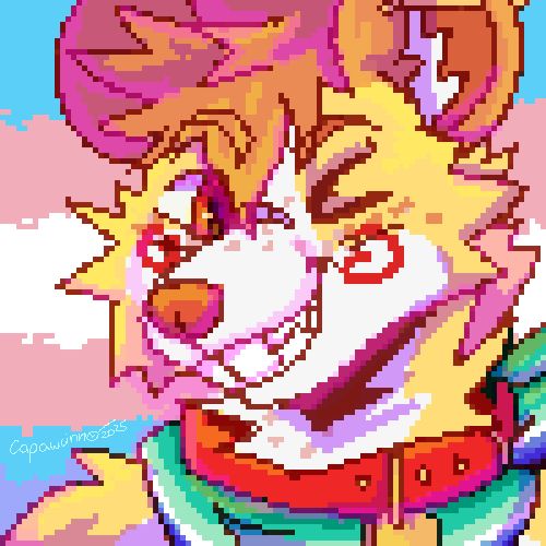 Pixel icon of a anthropomorphic mouse character with yellow and orange color pallete. He is wearing a  mlm flag bandana and the background is a trans flag.