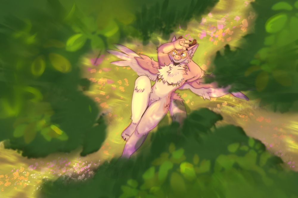 pink fluffy dragon lying in the flowery meadow with his wings spread open, he's looking up through the tree crowns