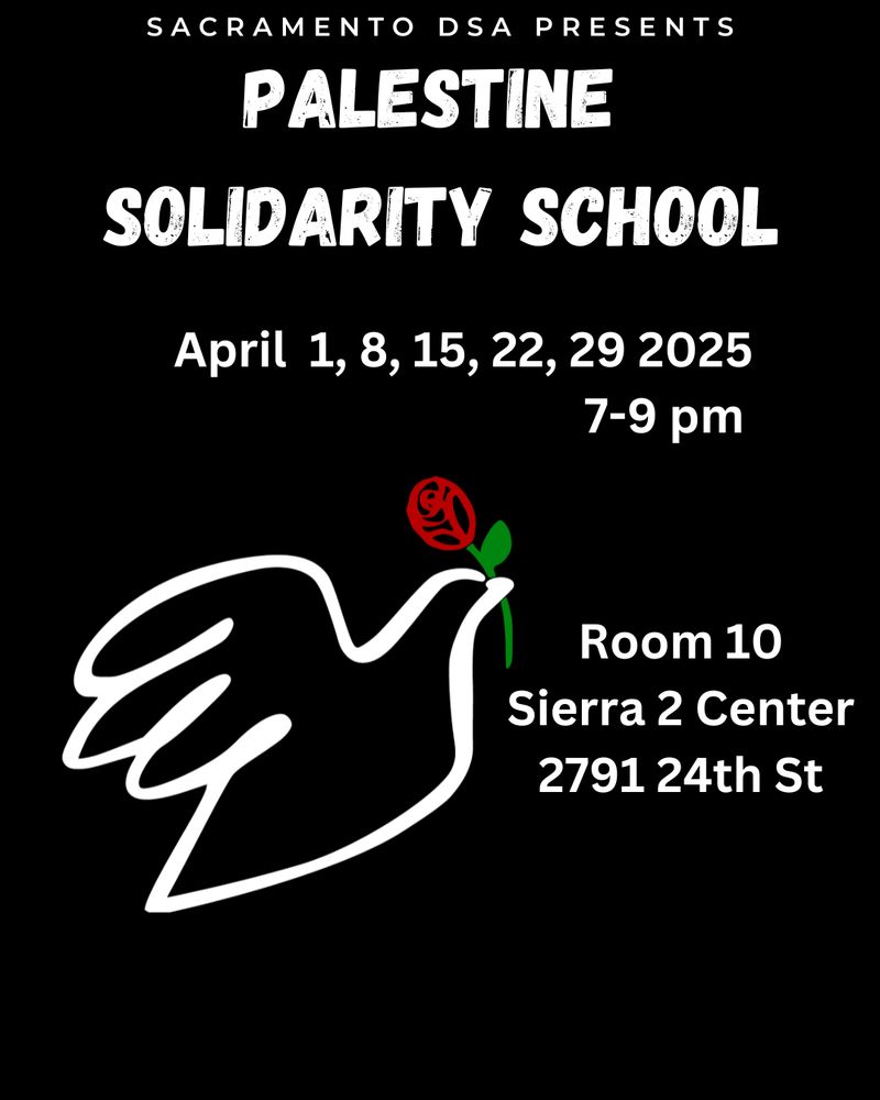 SACRAMENTO DSA PRESENTS
PALESTINE SOLIDARITY SCHOOL
April 1, 8, 15, 22, 29 2025
7-9 pm
Room 10
Sierra 2 Center
2791 24th St