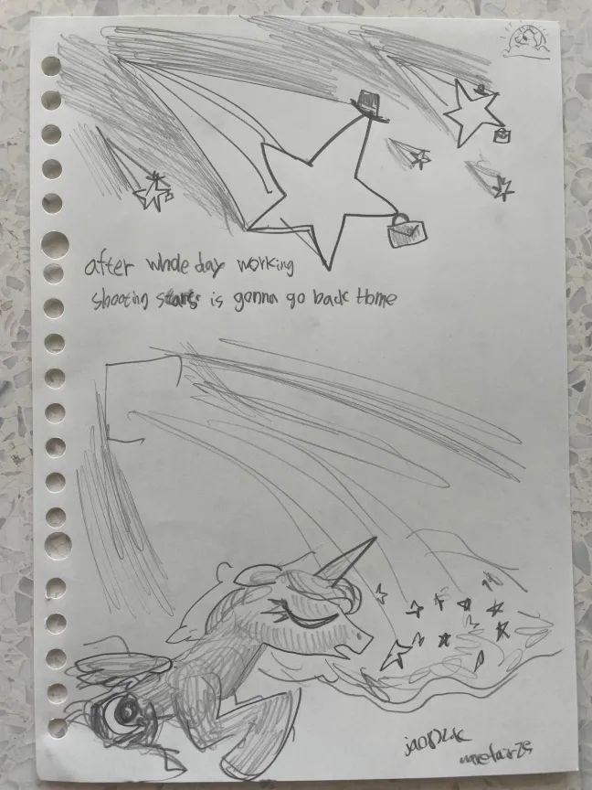 Doodle by ja0822ck of stars with hats and suitcases flying back into Princess Luna's mane, text reads "after whole day working shooting stars is gonna go back home".
